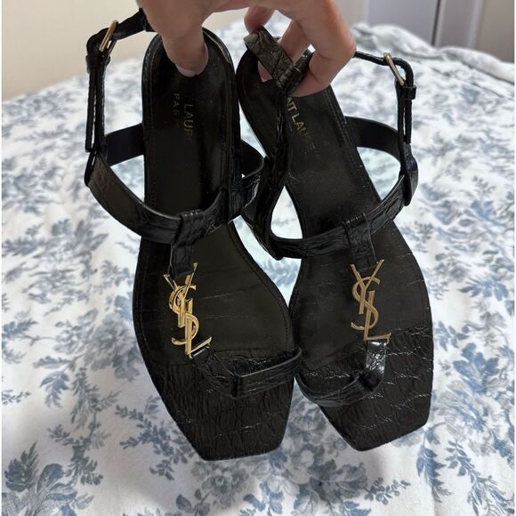 Yves Saint Laurent Shoes - YSL Cassandra Croc Embossed Leather Sandals Black Size 40 Gold Logo Heels